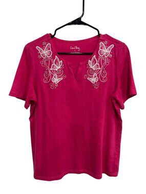 Coral Bay Large Pink Short Sleeve Top Butterfly Embroidery Split Neck Boho